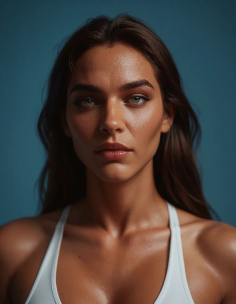 8k, sharp focus, detailed skin, dutch angle, solo, futanari, athletic build, blue background, smoldering look, film photography, score_9, score_8, candid photo, realistic skin texture, visible skin pores, film grain, depth of field