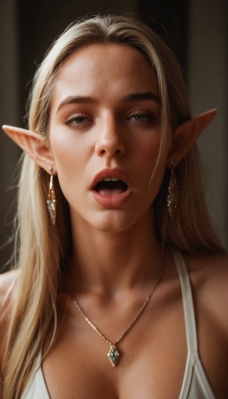 8k, sharp focus, detailed skin, elf woman, earrings, moaning, rim light, film photography