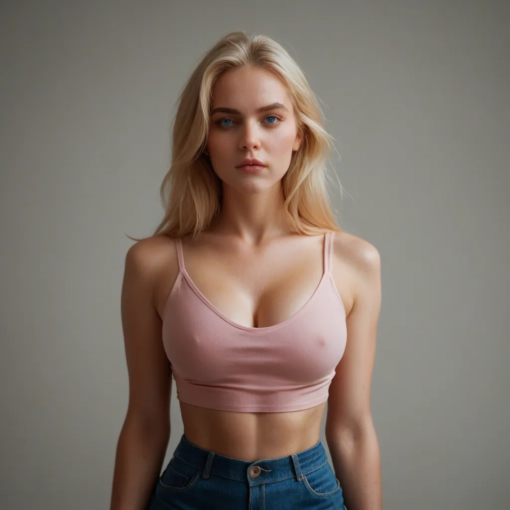 20 years old girl with Long blonde Hair, blue eyes and big tits wearing a pink top and a short skirt Take the top off