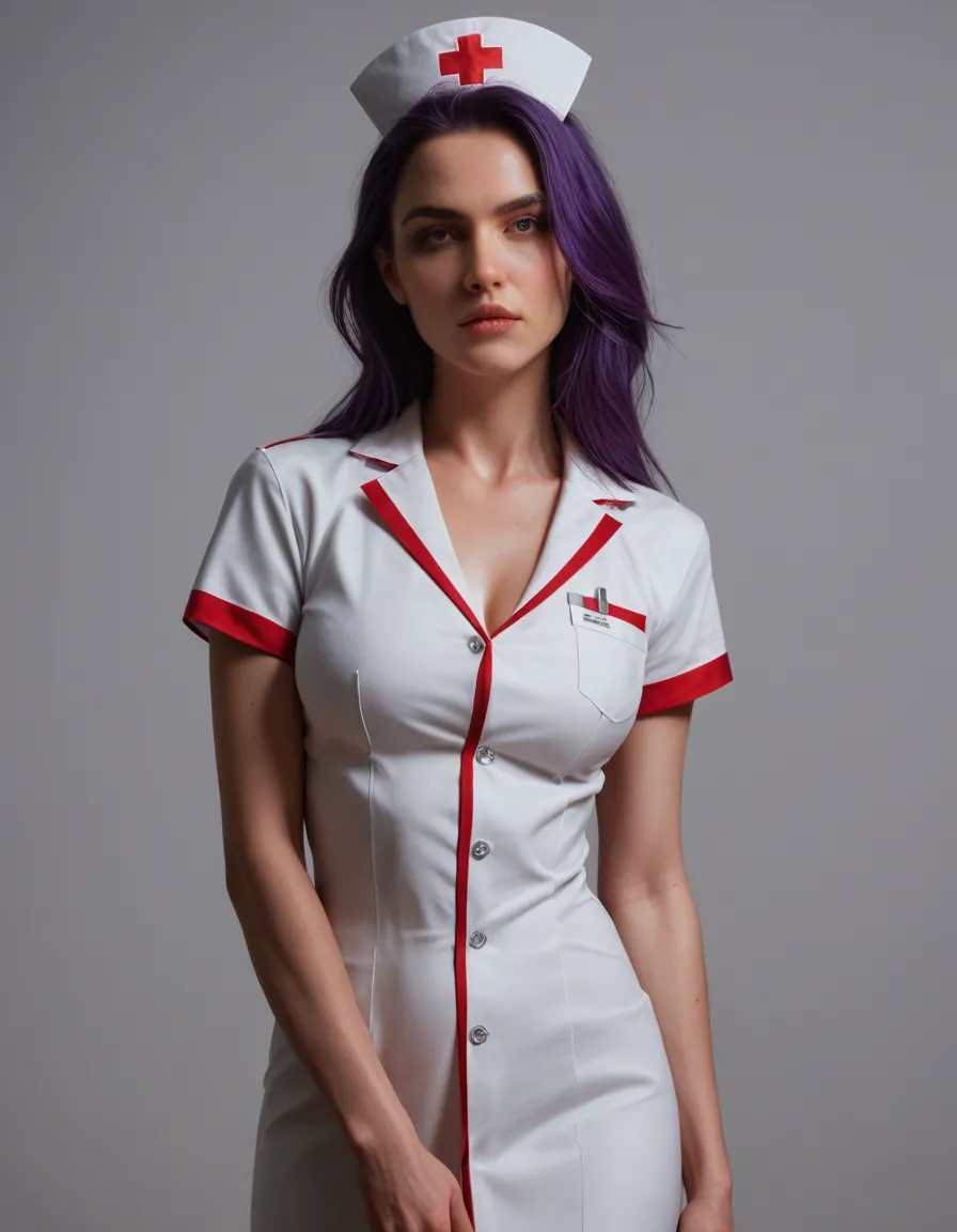 best quality, hyperrealistic, nurse, purple hair, dress, bondage, studio lighting, lifelike render, score_9, score_8, candid photo, realistic skin texture, visible skin pores, film grain, depth of field