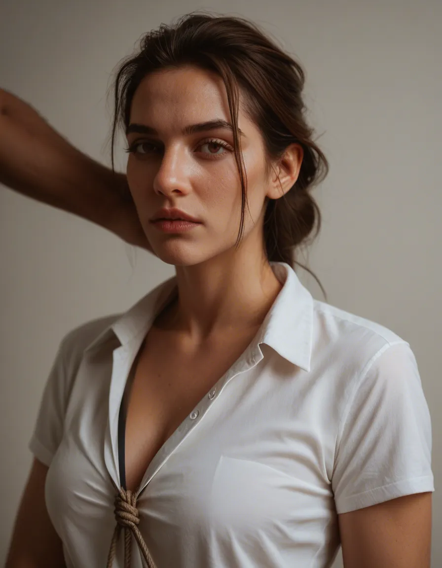 sharp focus, 8k uhd, couple, white shirt, bondage, golden hour, lifelike render, score_9, score_8, candid photo, realistic skin texture, visible skin pores, film grain, depth of field