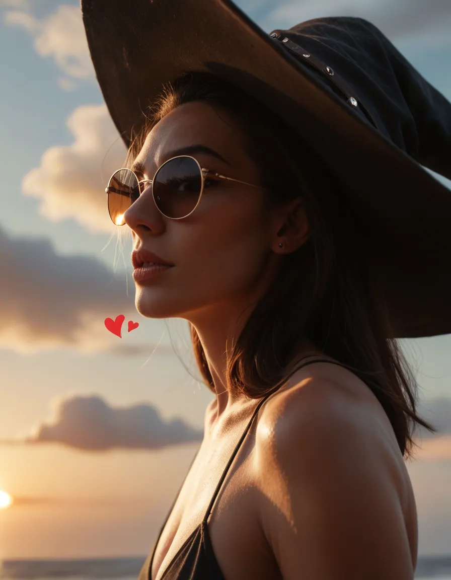 8k, sharp focus, detailed skin, witch, sunglasses, heart, presenting, cloud, side view, volumetric light, RAW photo, score_9, score_8, candid photo, realistic skin texture, visible skin pores, film grain, depth of field