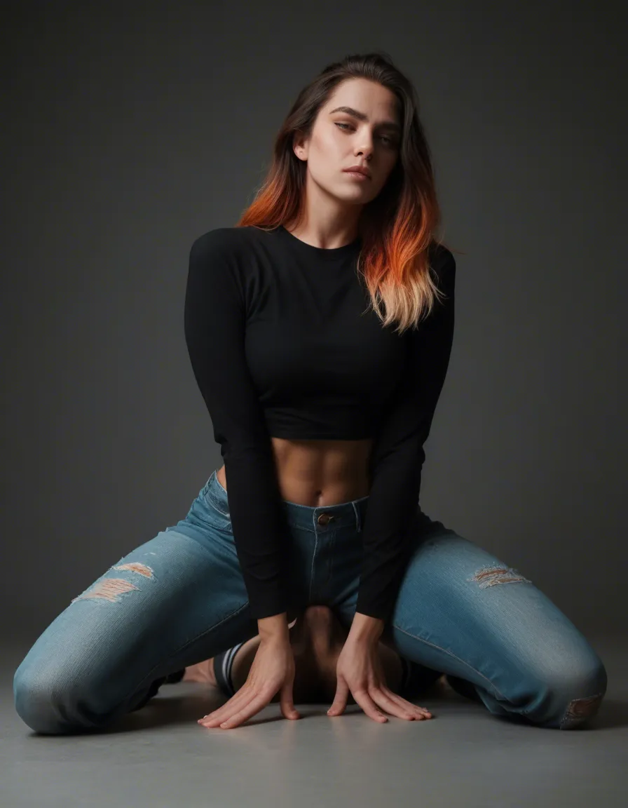 cinematic photo, 8k, solo, gradient hair, pants, facesitting, hyperrealistic, score_9, score_8, candid photo, realistic skin texture, visible skin pores, film grain, depth of field