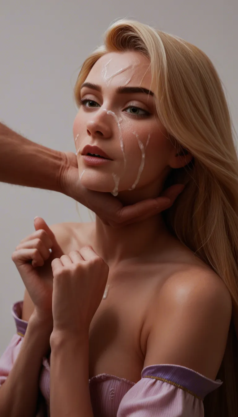 cinematic photo, 8k, Rapunzel , hands up, detached sleeves, embrace, cum on face, simple background, lifelike render