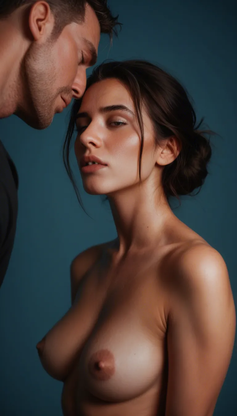 sharp focus, 8k uhd, medium shot, couple, orgasm, breasts, blue background, seductive look, photorealistic