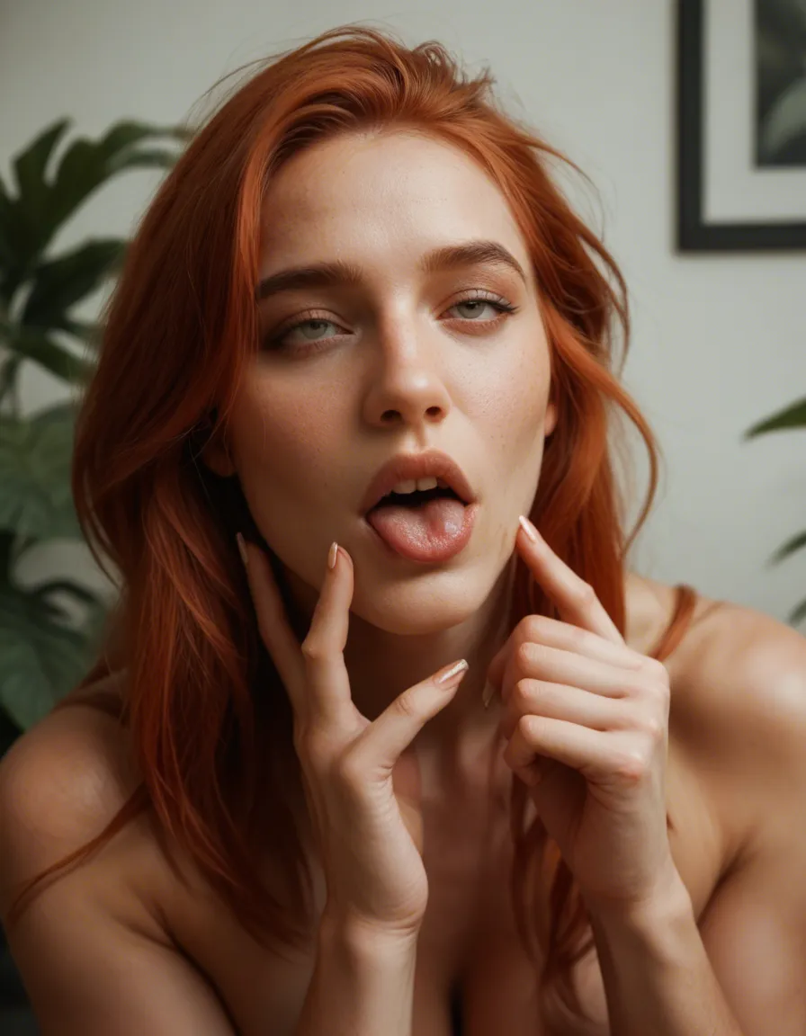 studio quality, sharp focus, redhead woman, ahegao, hands up, plant, studio photo_(object), score_9, score_8, candid photo, realistic skin texture, visible skin pores, film grain, depth of field, score_9, score_8, candid photo, realistic skin texture, visible skin pores, film grain, depth of field