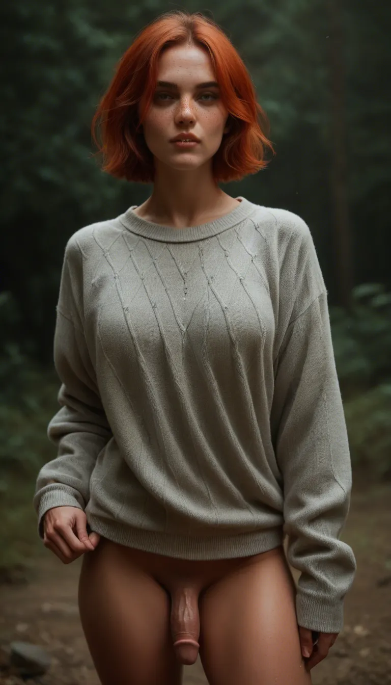 a cute 18 year old is wearing a baggy sweater, she has short red hair, freckles, and a lip ring, she is ride a penis