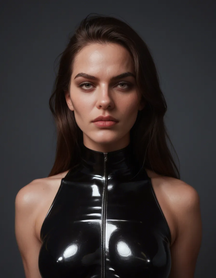 female femdom, rough, fotorealistic, latex, score_9, score_8, candid photo, realistic skin texture, visible skin pores, film grain, depth of field