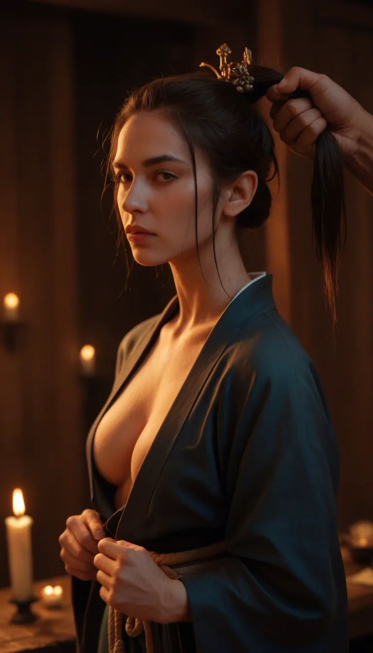 RAW photo, ultra realistic, elf woman, hair ornament, japanese clothes, hair pull, candlelight, breast growth