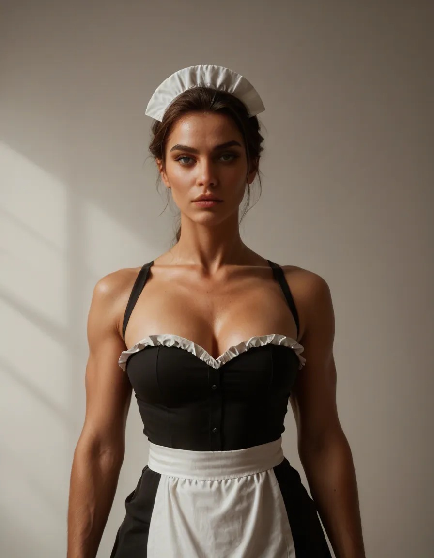 highly detailed, natural lighting, maid, presenting, toned body, gradient background, smoldering look, hyperrealistic, score_9, score_8, candid photo, realistic skin texture, visible skin pores, film grain, depth of field