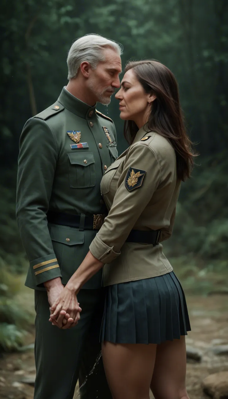 best quality, hyperrealistic, milf, holding hands, pleated skirt, embrace, squirting, military, wide shot