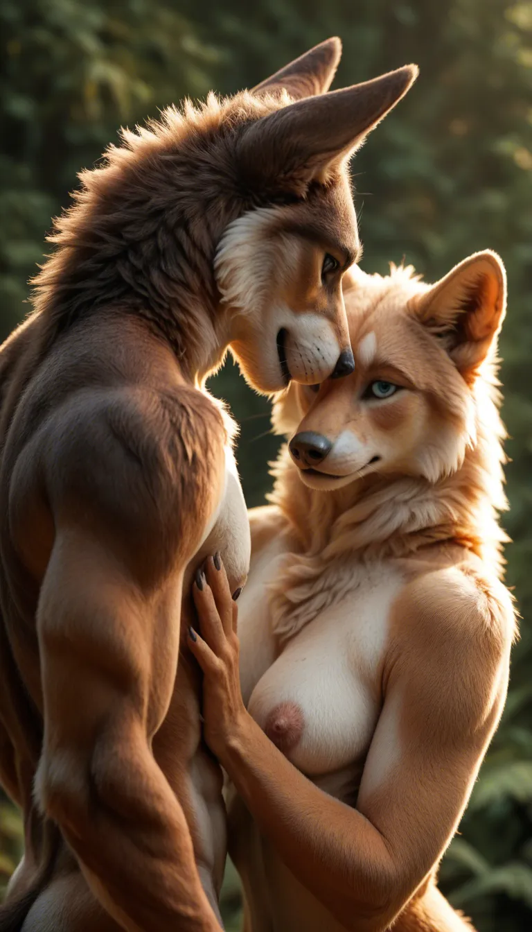 Established semi-realistic gay furry couple design: a tall broad sand-blond anthropomorphic wolf with soft cream muzzle and chest fur, gentle blue eyes, beard-like muzzle markings, large well-proportioned paws, calm protective energy; together with a smaller slim fox-dog hybrid with glasses, orange-brown fur, darker head and ear accents, dark brown eyes, soft cream muzzle and chest fur, playful affectionate expression. Soft plush realistic fur, warm emotional couple dynamic, clear size difference, clean anatomy, expressive faces, wholesome romantic atmosphere, high-quality semi-realistic furry artwork.
The wolf took off his soldier uniform reveals his blue harness and collar and fucks his partner dominantly with his dick for his stress relief. His partner enjoys being his slave and wants to get used and fucked hard by the wolf with much cum. The wolf destroys his partners ass in a hard and wild BDSM sex.