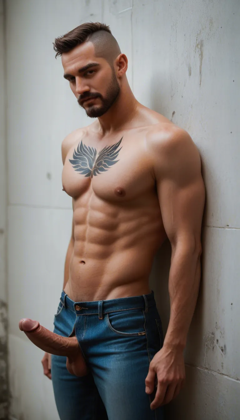 White man athletic build brown hair buzz cut scruffy beard mustache tattoos on chest. Leans against a wall in an ally rubbing his erect penis through his jeans.