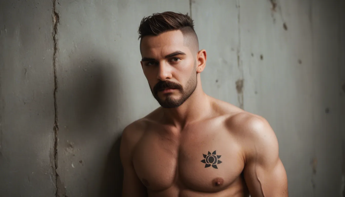 White man athletic build brown hair buzz cut scruffy beard swirled mustache tattoos on chest. Leans against a wall in an ally rubbing his large erect penis through his jeans and cumming