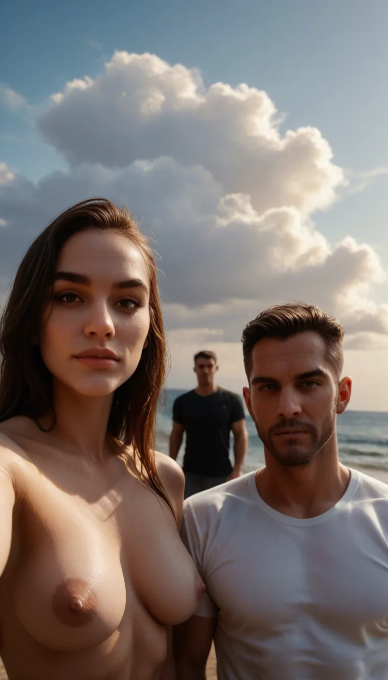 cinematic photo, 8k, multiple girls, muscular male, shirt, selfie pose, fully nude, cloudy sky, extreme close-up, studio photo