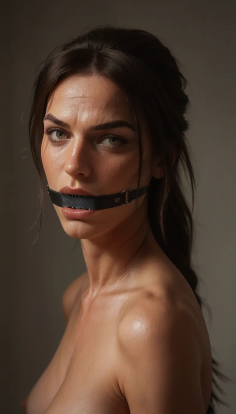 best quality, Lara Croft, bound_wrists, tightly bound, struggling, gagged, upset, dildo, solo, bondage, bound_arms, legs bound, leather bindings,