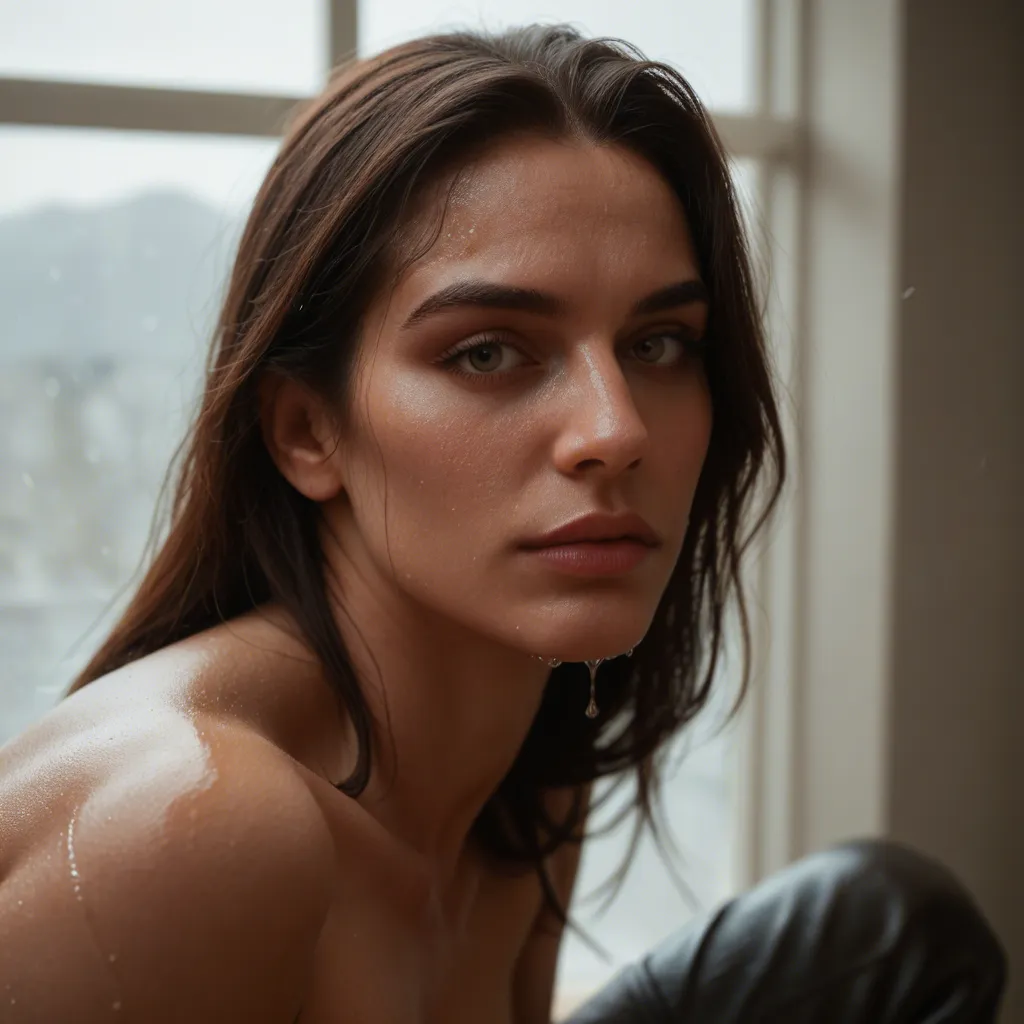 a dripping wet, dark sinned, Indonesian model, in leather and boots, posing by a steamy window in a red light district brothel