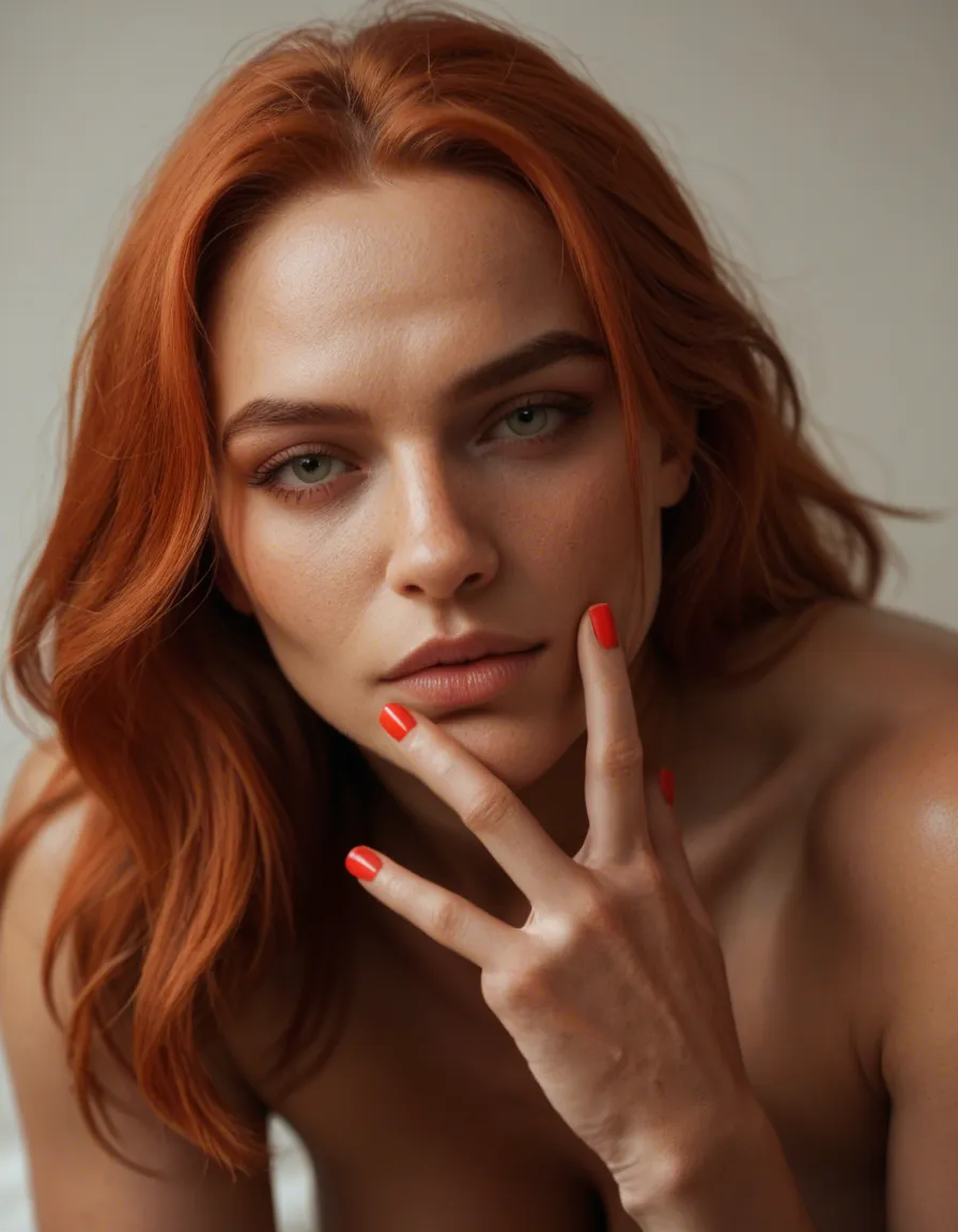 8k, sharp focus, detailed skin, redhead woman, presenting, nail polish, cinematic realism, score_9, score_8, candid photo, realistic skin texture, visible skin pores, film grain, depth of field