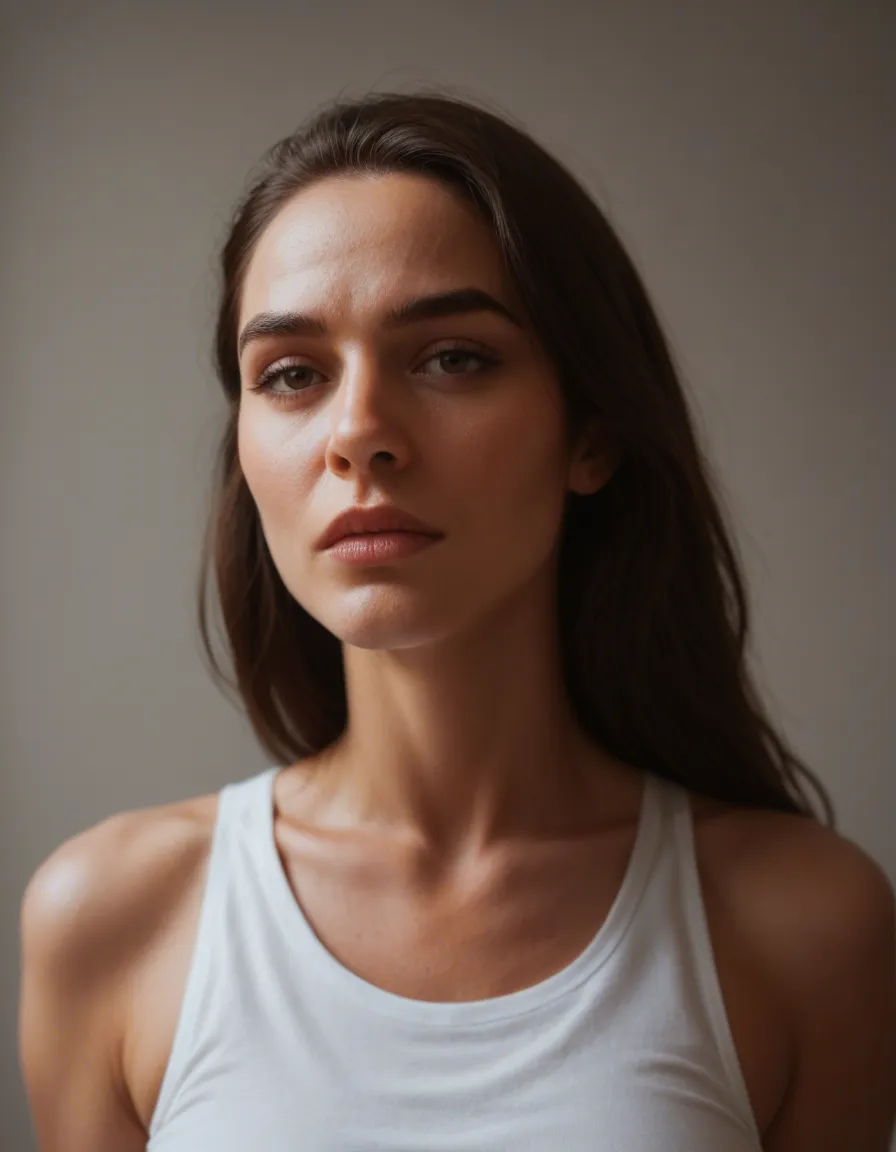 Brunette beauty takes off shirt and shakes breasts, score_9, score_8, candid photo, realistic skin texture, visible skin pores, film grain, depth of field