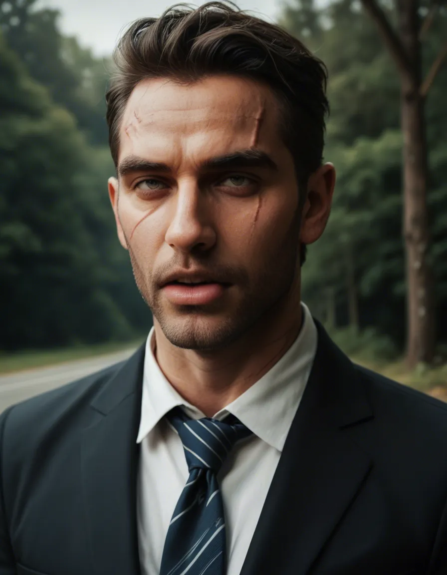 professional photo, high detail, male focus, ahegao, scar, tree, relaxed mood, hyperrealistic, score_9, score_8, candid photo, realistic skin texture, visible skin pores, film grain, depth of field