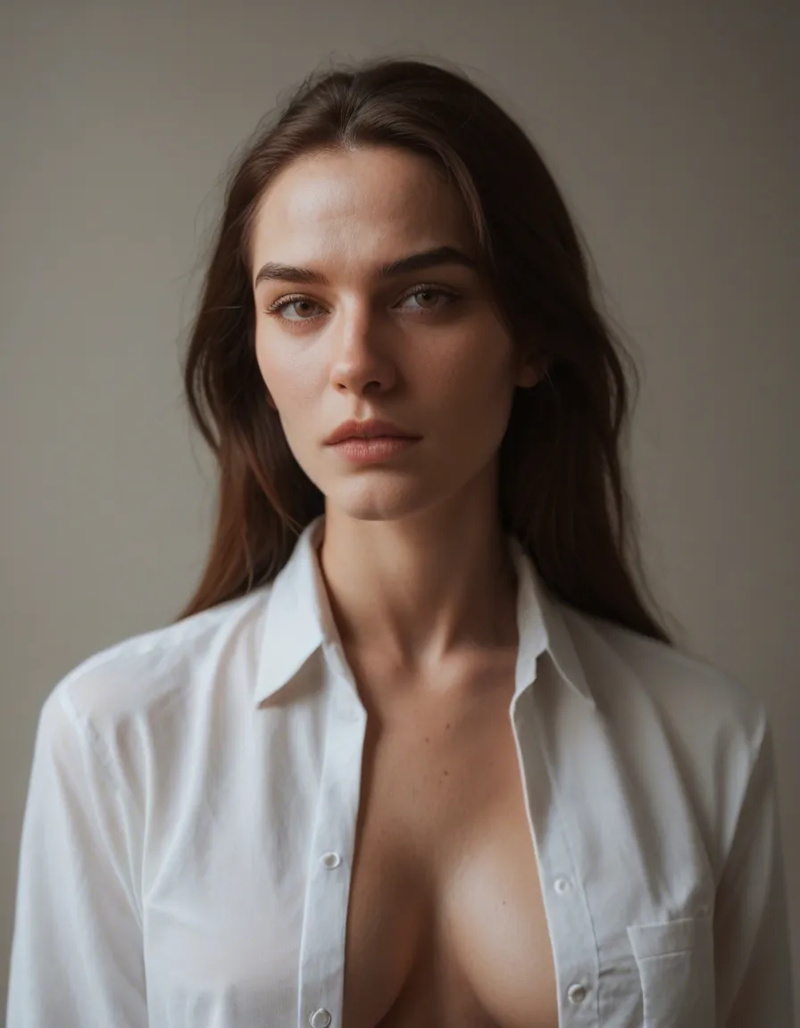 ultra HD, lifelike, 1other, white shirt, fully nude, hyperrealistic, score_9, score_8, candid photo, realistic skin texture, visible skin pores, film grain, depth of field