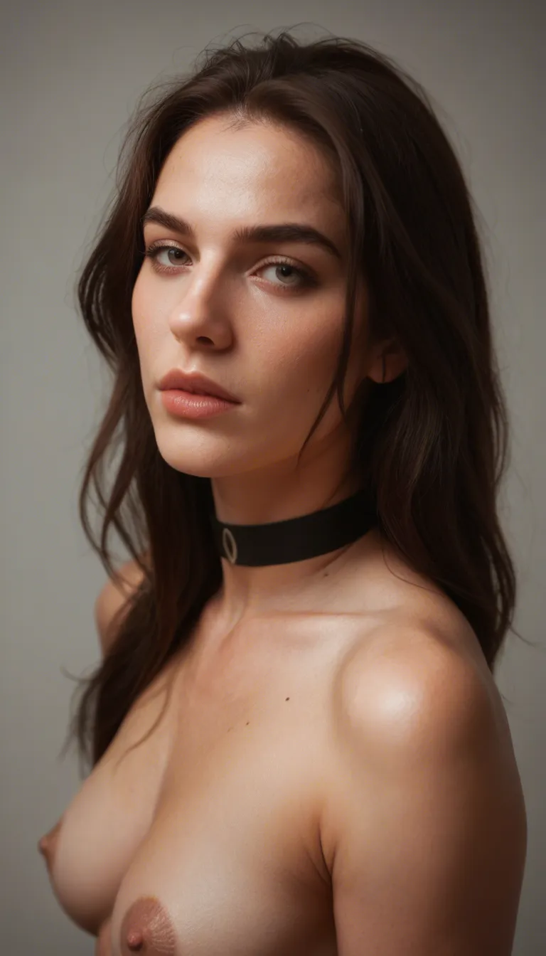 studio quality, sharp focus, brunette woman, choker, presenting, RAW photo