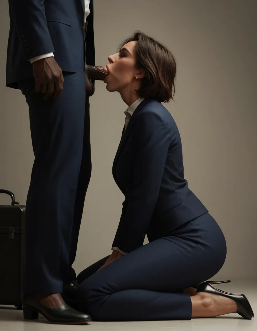 In courtroom, Petite brunette mature female, short hair, dark blue blazer, dark blue suit pants, white collared shirt, black heels, small briefcase, kneeling, giving a deepthroat blowjob to a dark-skinned man, side view, close-up, backlit, dramatic lighting, detailed skin, ultrarealistic, sharp focus, shallow depth_of_field., score_9, score_8, candid photo, realistic skin texture, visible skin pores, film grain, depth of field