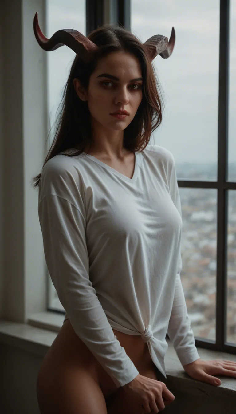 8k, sharp focus, detailed skin, succubus, colored skin, white shirt, fully nude, window, wide shot, RAW photo