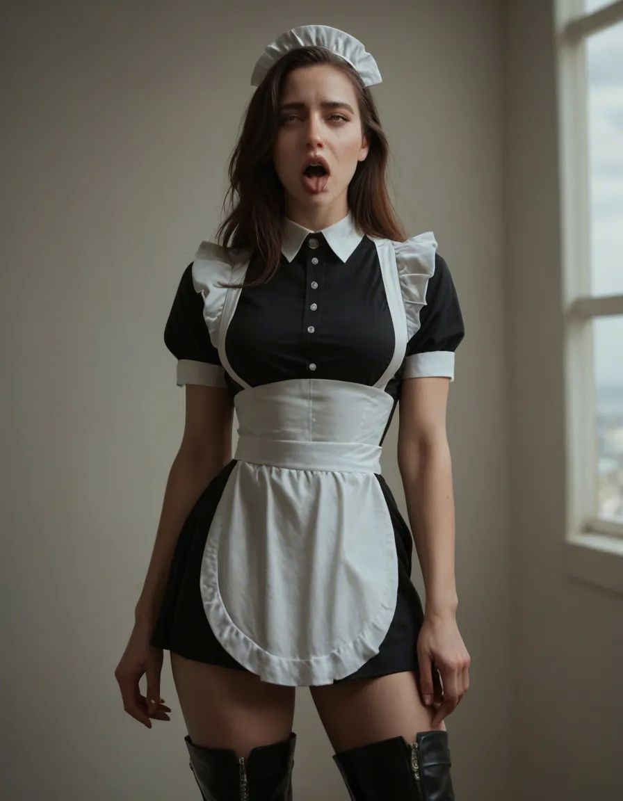 ultra HD, lifelike, maid, thigh boots, short sleeves, over the shoulder glance, ahegao, cloudy sky, over the shoulder, photorealistic, score_9, score_8, candid photo, realistic skin texture, visible skin pores, film grain, depth of field