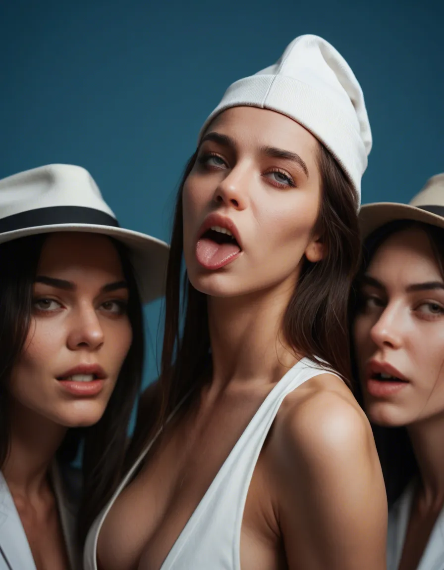 professional photo, high detail, 5girls, sideboob, hat, ahegao, blue background, wide shot, studio photo, score_9, score_8, candid photo, realistic skin texture, visible skin pores, film grain, depth of field
