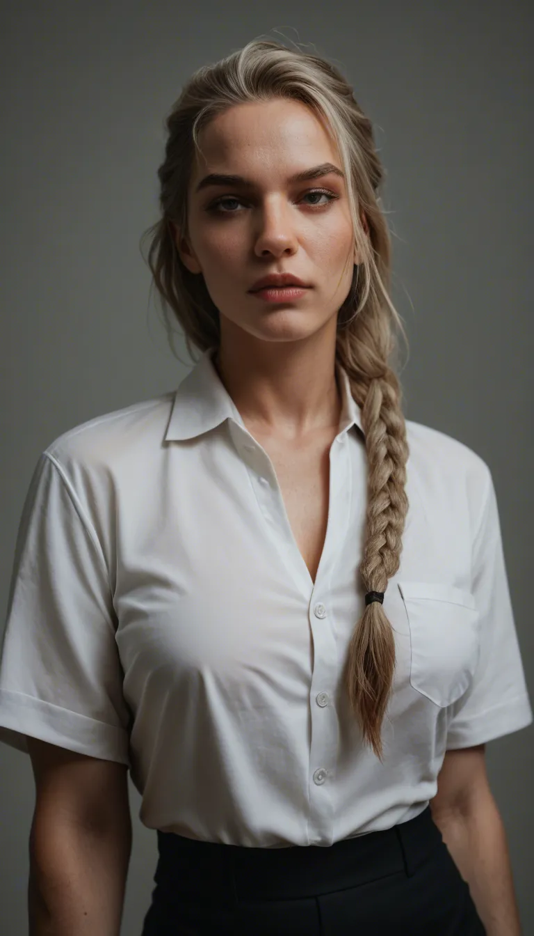 4k, sharp focus, detailed skin, professional studio video, cinematic, detailed face, of an athletic dirty blonde woman in her late twenties with braided hair and thick framed glasses, rimming a guy's asshole and then slowly rising up to make out with him