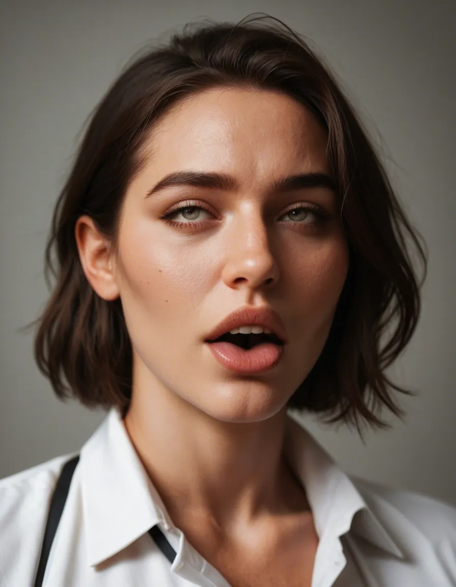professional photo, high detail, three-quarter view, male focus, ahegao, petite adult woman, 8k uhd photo, score_9, score_8, candid photo, realistic skin texture, visible skin pores, film grain, depth of field