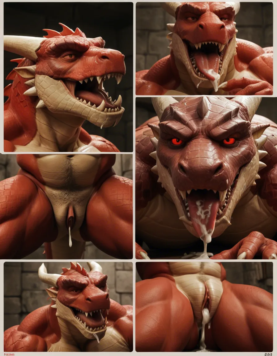 Masterpiece, bara, muscular_male, chubby, plump, dragonborn, furry, dragon, white scales, red eyes, comic, silent_comic, cum_in_pussy, cum_in_mouth, cum_on_body, cumdrip, cum, cum_in_ass, cum_overflow, being fucked, embarrassed, score_9, score_8, candid photo, realistic skin texture, visible skin pores, film grain, depth of field