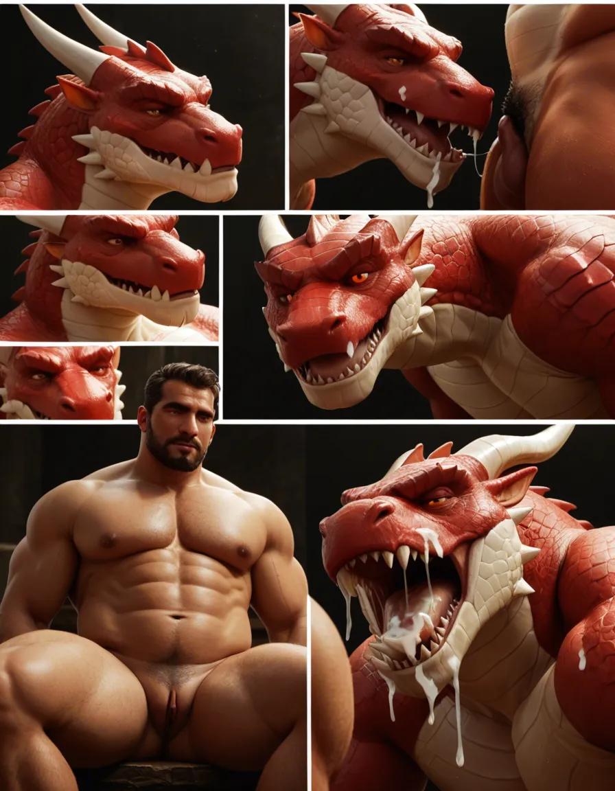 Masterpiece, bara, muscular_male, chubby, plump, dragonborn, furry, dragon, white scales, red eyes, comic, silent_comic, cum_in_pussy, cum_in_mouth, cum_on_body, cumdrip, cum, cum_in_ass, cum_overflow, being fucked, embarrassed, riding dildo, clear dildo, double penetration, score_9, score_8, candid photo, realistic skin texture, visible skin pores, film grain, depth of field