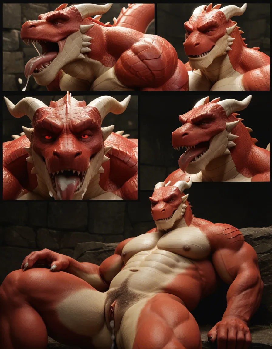 Masterpiece, bara, muscular_male, chubby, plump, dragonborn, furry, dragon, white scales, red eyes, comic, silent_comic, cum_in_pussy, cum_in_mouth, cum_on_body, cumdrip, cum, cum_in_ass, cum_overflow, being fucked, embarrassed, riding dildo, clear dildo, double penetration, vaginal, anal, score_9, score_8, amateur photo, phone snapshot, realistic skin texture, skin blemishes, soft indoor lighting