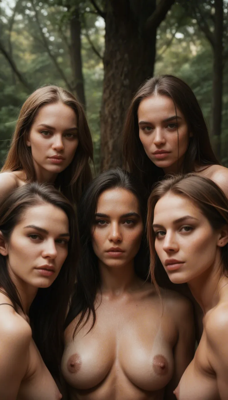 ultra HD, lifelike, portrait, 5women, cumshot, breasts, tree, RAW photo
