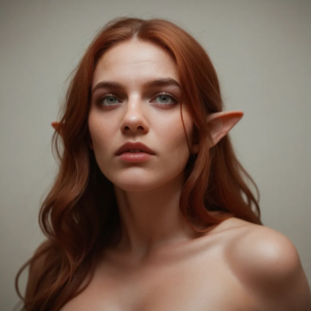 shemale, year old elven goddess with circlet, pointy ears and long wavy auburn hair, medium breasts, looking up at viewer while she performs fellatio on a mans penis on all fours, deepthroat, lips wrapped armpits