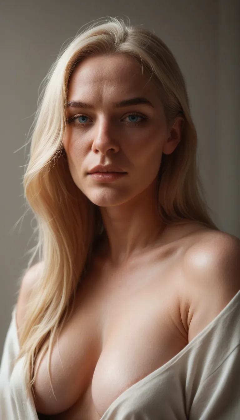 55-year-old blonde wife with a long face, big nose, blue eyes, homely facial features, thick body, bgi natural breasts with oversized areolas and hard long nipples is naked and laughing mockingly saying "You're so fucking gay! Oh my god!"