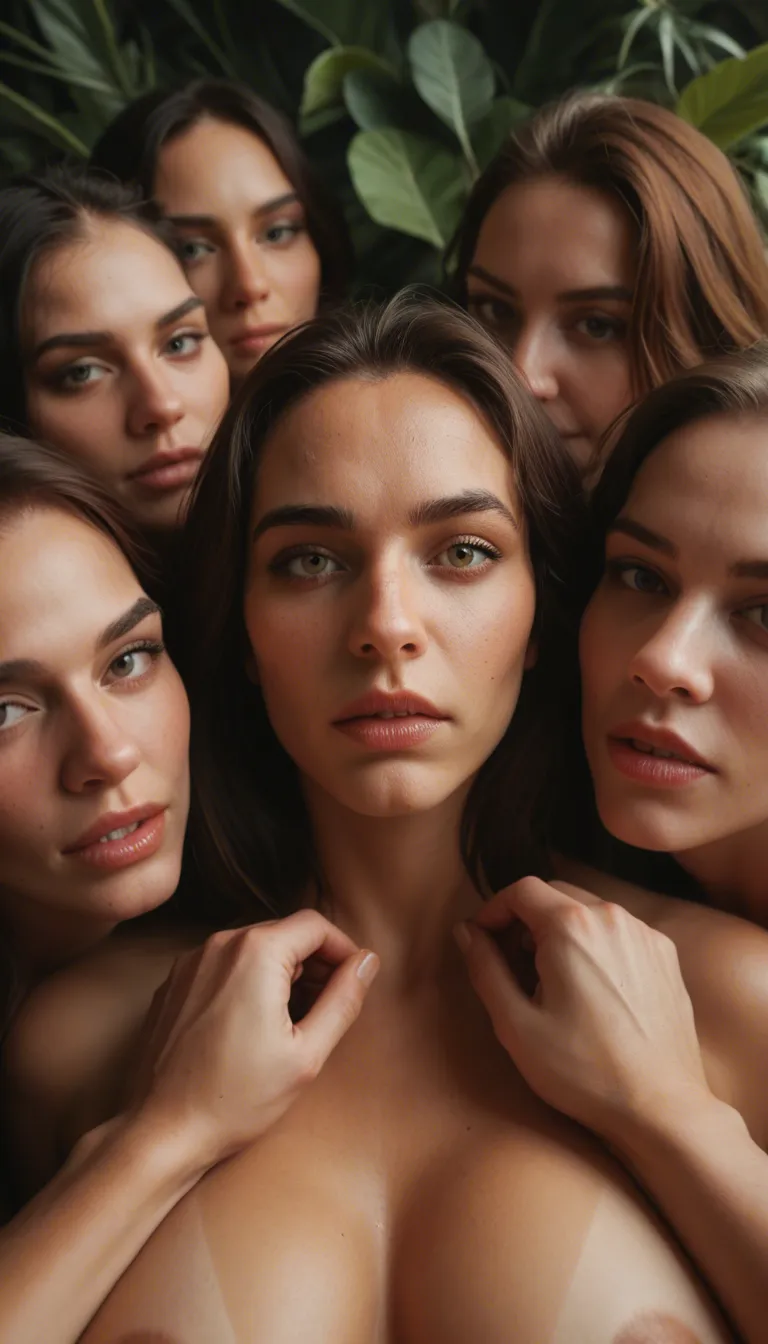 dslr, film grain, photorealistic, POV, 5women, futanari, feet out of frame, plant, smoldering look, dslr quality