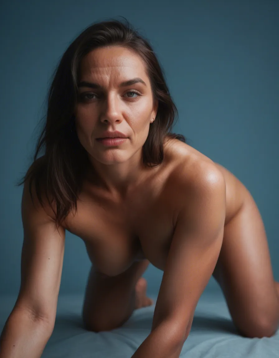 best quality, hyperrealistic, milf, on all fours, thick thighs, blue background, intense passion, natural skin texture, score_9, score_8, candid photo, realistic skin texture, visible skin pores, film grain, depth of field