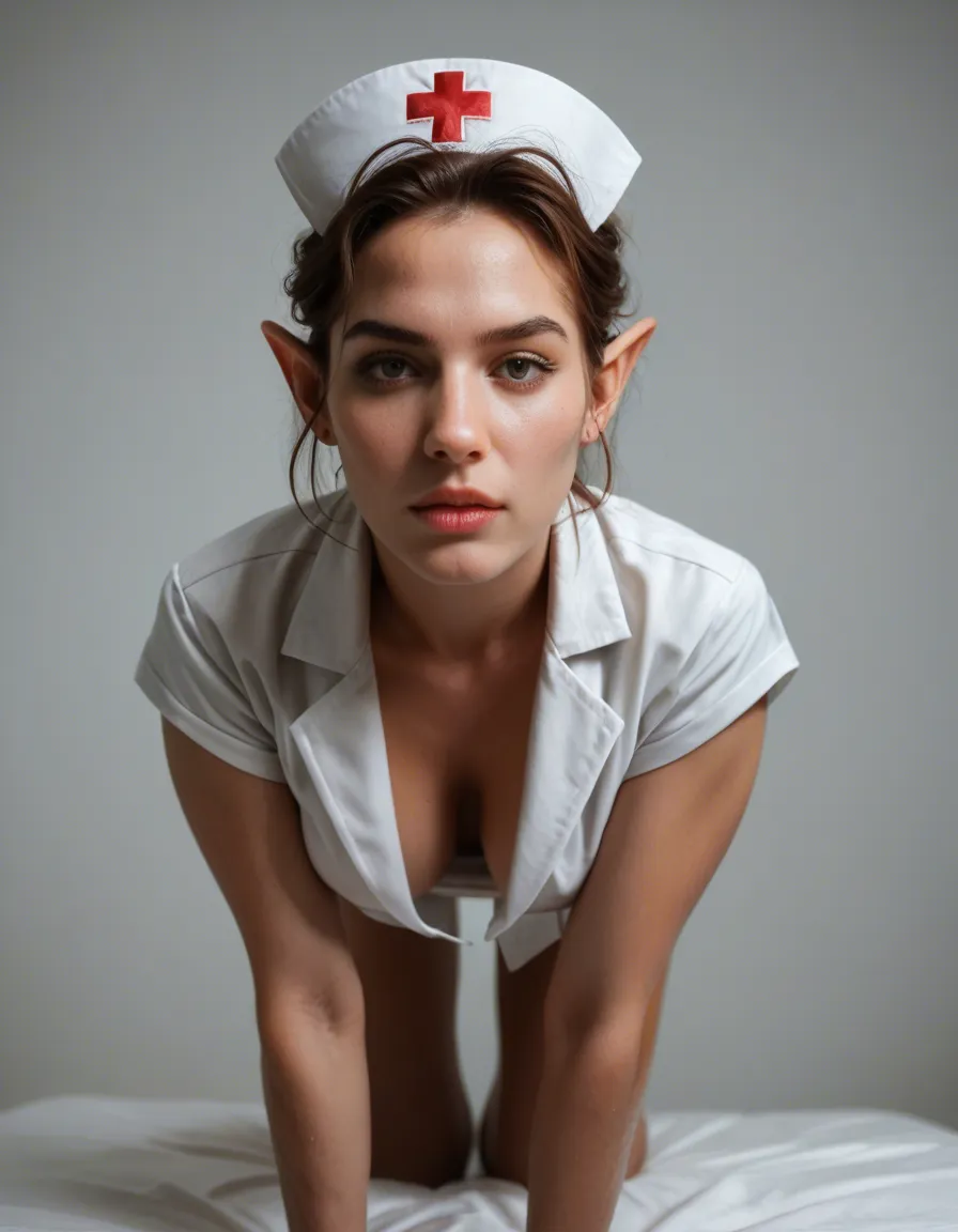 best quality, hyperrealistic, nurse, on all fours, pointy ears, intense passion, photorealistic, score_9, score_8, candid photo, realistic skin texture, visible skin pores, film grain, depth of field