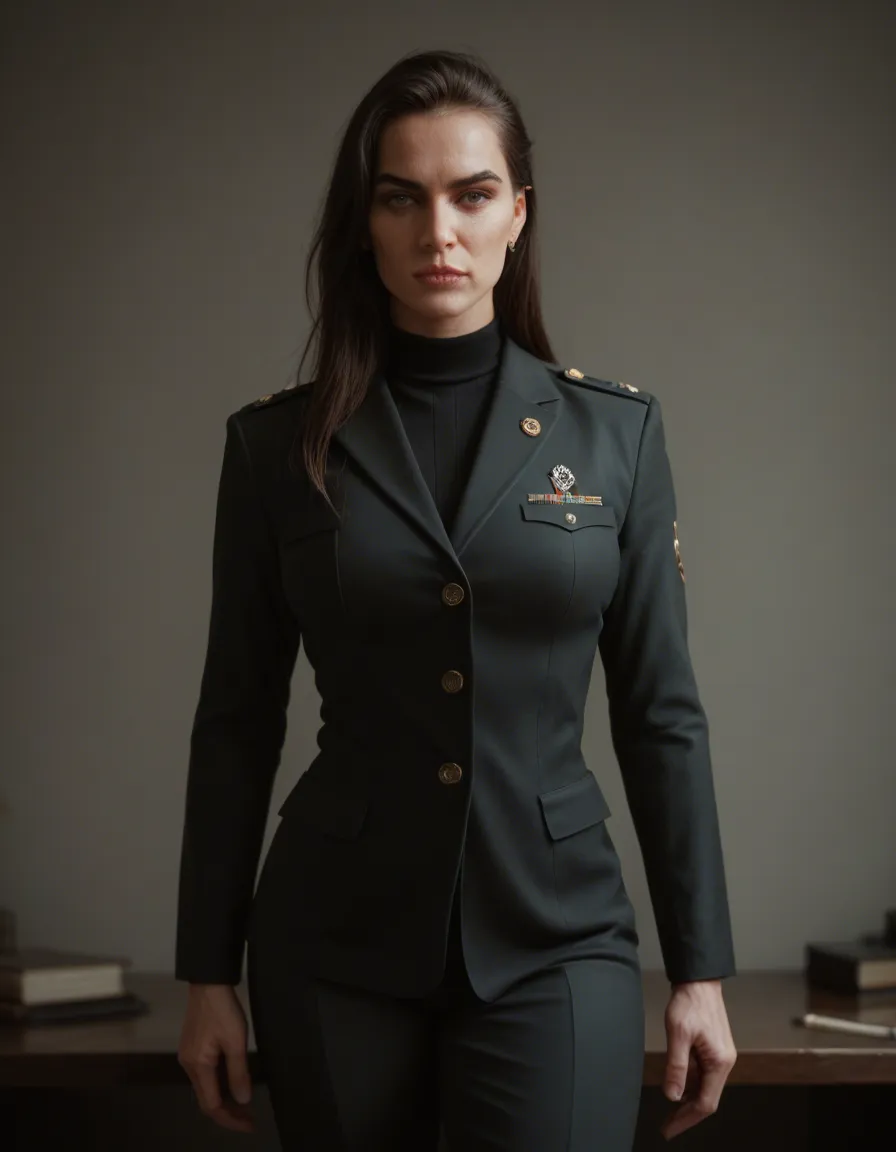 professional photo, high detail, three-quarter view, witch, futanari, standing, military, lifelike render, score_9, score_8, candid photo, realistic skin texture, visible skin pores, film grain, depth of field