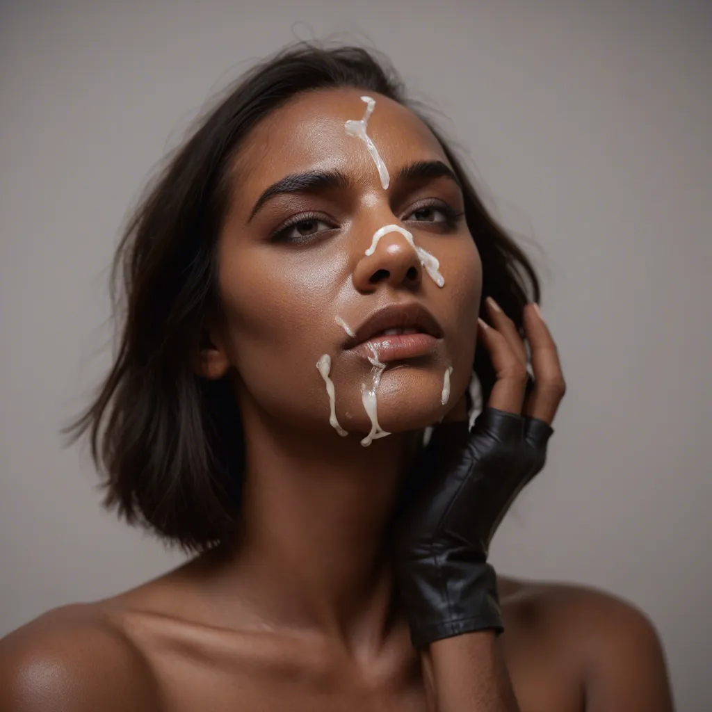 cinematic photo, 8k, solo focus, dark-skinned male, black gloves, cum on face, white background, dslr quality