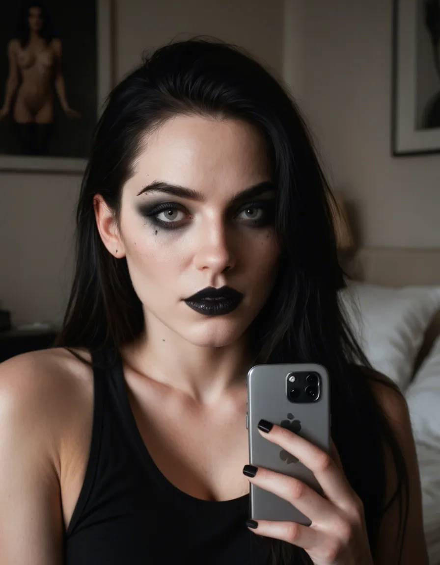 Photorealistic amateur iPhone photo of an adult gothic shemale woman having sex, intimate bedroom, natural indoor lighting, phone snapshot, realistic skin texture, skin pores, slight grain

adult woman, pale skin, long straight black hair, heavy dark goth eye makeup, black lipstick, septum and eyebrow piercings, layered silver necklaces, detailed chest tattoo, black spiked leather corset pulled under breasts, breasts exposed, hard erect penis, slim adult figure, athletic waist

partner partially visible, passionate sex scene, explicit penetration, aroused expression looking at camera, sweaty skin, rumpled sheets

vertical phone framing, authentic phone quality, soft window light, photorealistic, 8k detail, score_9, score_8, amateur photo, score_9, score_8, candid photo, realistic skin texture, visible skin pores, film grain, depth of field