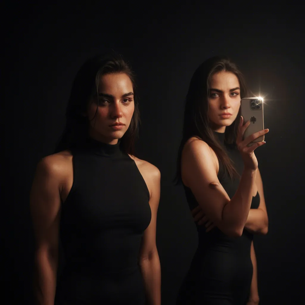 highly detailed, natural lighting, multiple women, , hand on own hip, black background, submissive blush, film photography
