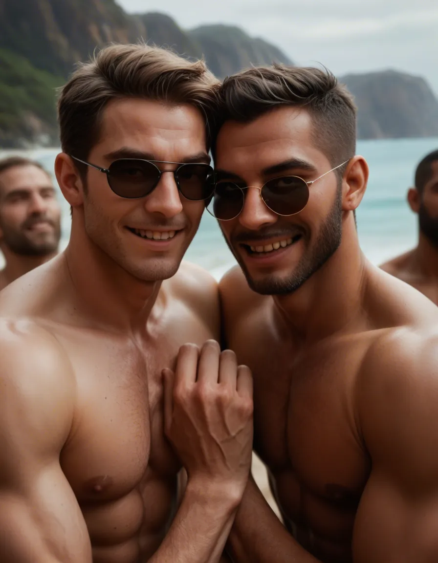 cinematic photo, film photography, 8k, sharp focus, detailed skin, 2boys, party, #yaoi sunglasses, smile, open_mouth, bdsm, score_9, score_8, candid photo, realistic skin texture, visible skin pores, film grain, depth of field, yaoi, full_body, walking, latex,, score_9, score_8, candid photo, bdsm, black_choker, hentai_studio_quality, outdoors, forest, score_9, score_8, candid photo, realistic skin texture, visible skin pores, film grain, depth of field
