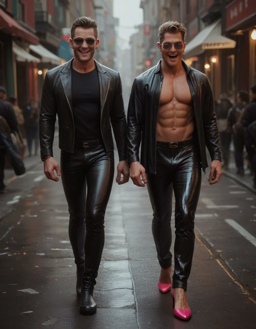 cinematic photo, film photography, 8k, sharp focus, detailed skin, 2boys, party, #yaoi sunglasses, smile, open_mouth, bdsm, score_9, score_8, full_body, walking, latex_pink, high_heels, score_9, score_8, candid photo, realistic skin texture, visible skin pores, film grain, depth of field