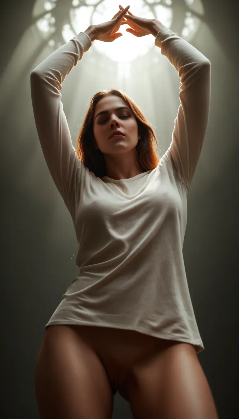 highly detailed, natural lighting, princess, arms up, long sleeves, masturbation, simple background, low angle, studio photo