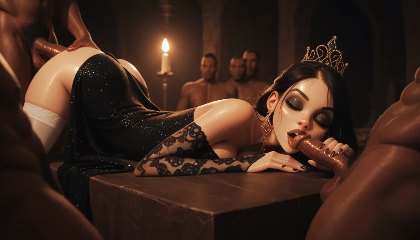 jack cayless style, 18 year old disney princess aurora from sleeping beauty, gangbang, glamorous baroque princess dress, bright white stockings, black luxury stiletto high_heels, many cocks, standing_on_one_leg sex position, full body view, lots of white cum, castle bedroom, perfect cute face, perfect makeup
