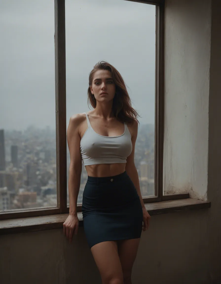 Girl in skirt and big dick fuck anoder girl who stuck in window, score_9, score_8, candid photo, realistic skin texture, visible skin pores, film grain, depth of field